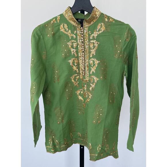 Carole Little Women’s Green & Gold Embroidered Sequin Blouse Size 4 - Picture 1 of 11